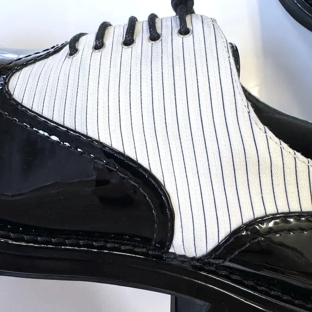 🪄100% Auth CHANEL Chunky Black Patent Pinstripe Lace Up Oxford Shoes sz 42 12 - Picture 7 of 14